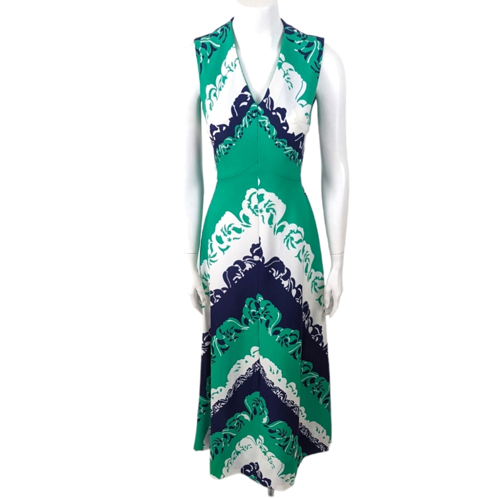 Vintage 70s 1970s Maxi Dress Mod Womens Small Green Blue Sleeveless V Ne…